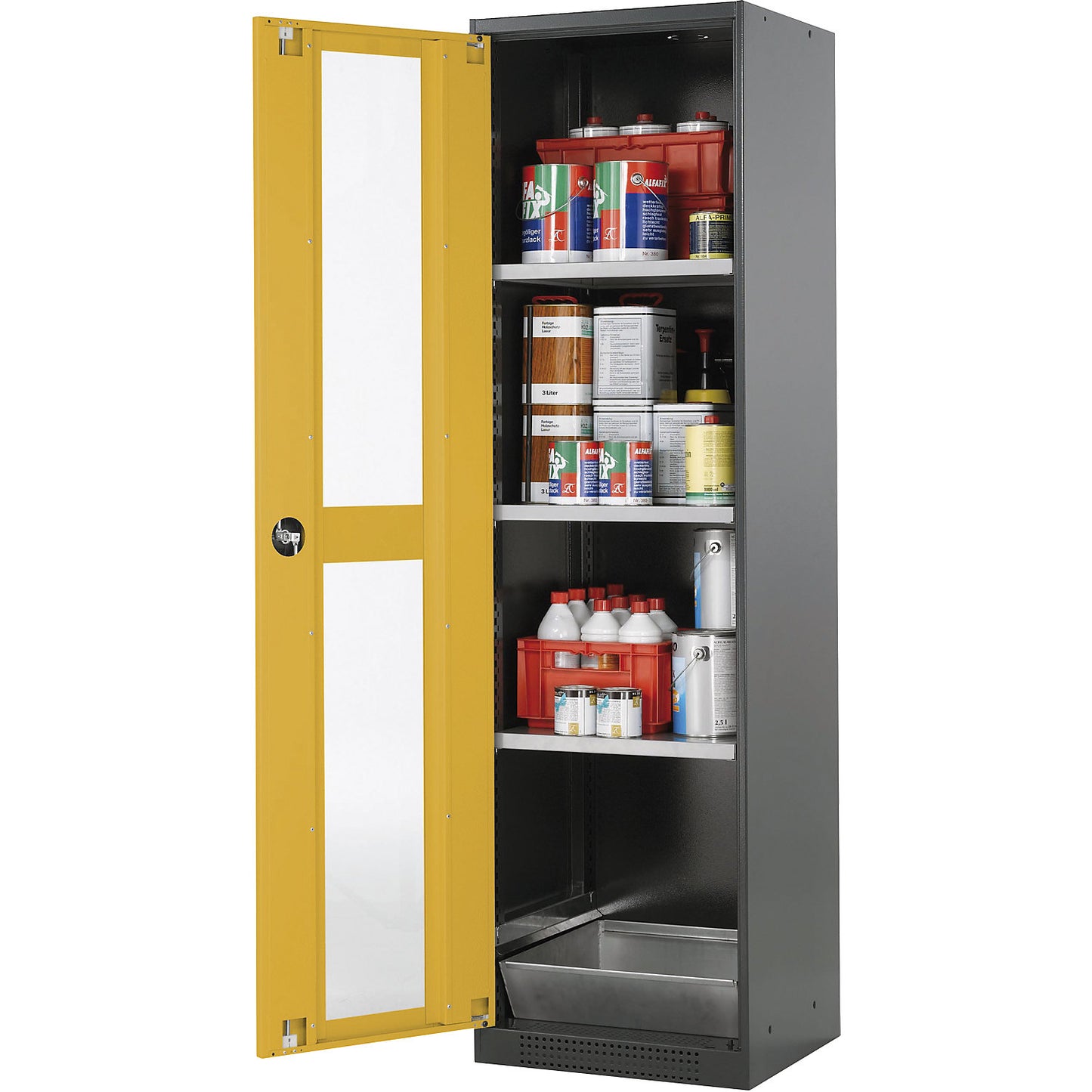 Laboratory chemical storage cupboard, 1 door, tall, 3 shelves, with vision panel, yellow.