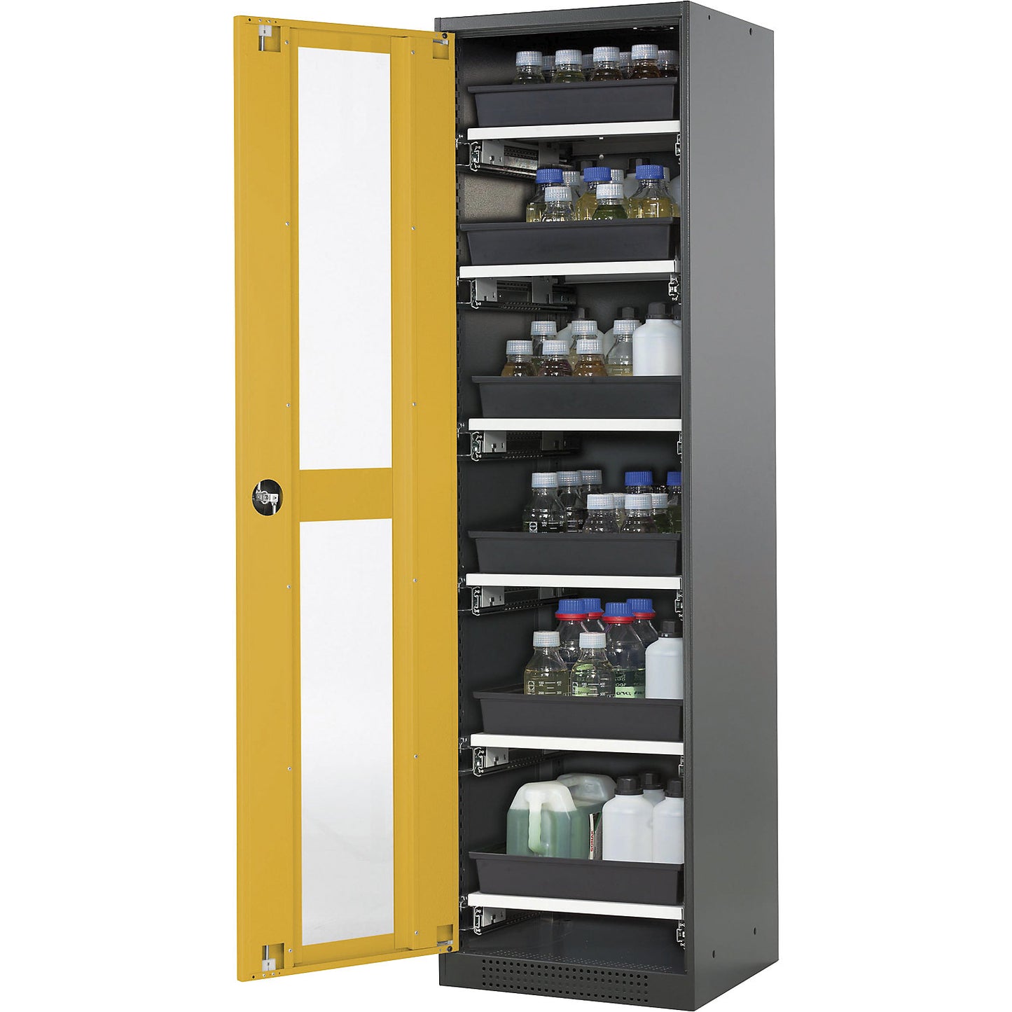 Laboratory chemical storage cupboard, 1 door, tall, 6 drawers, with vision panel, yellow.