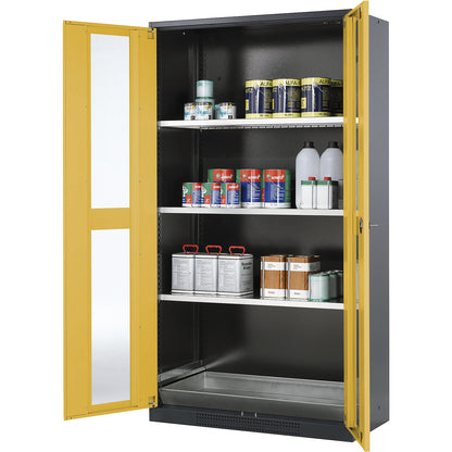Laboratory chemical storage cupboard, 2 door, tall, 3 shelves, with vision panel, yellow.