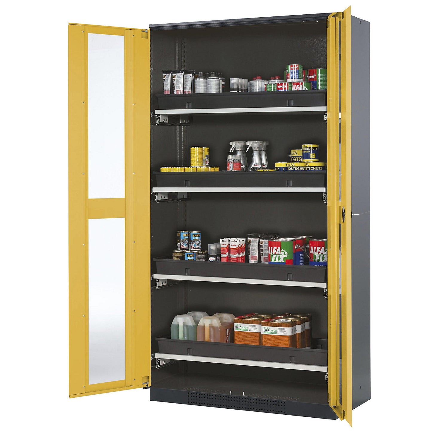Laboratory chemical storage cupboard, 2 door, tall, 4 drawers, with vision panel, yellow.
