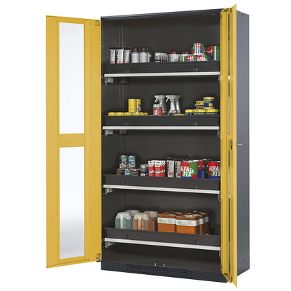 Laboratory chemical storage cupboard, 2 door, tall, 4 drawers, with vision panel, yellow.