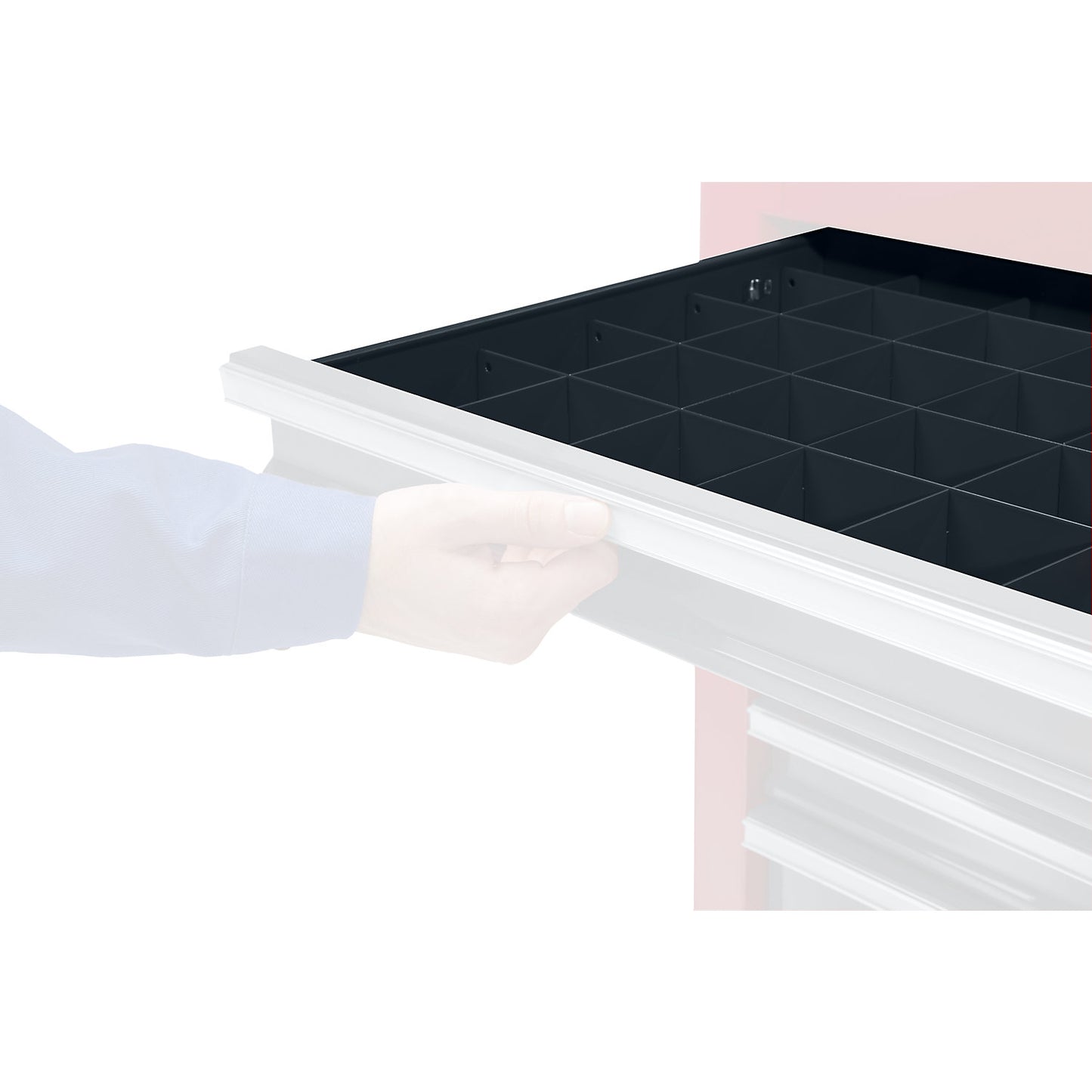 Drawer divider set, 9 longitudinal dividers, 4 cross dividers for 75 mm high drawer, for tool trolley.