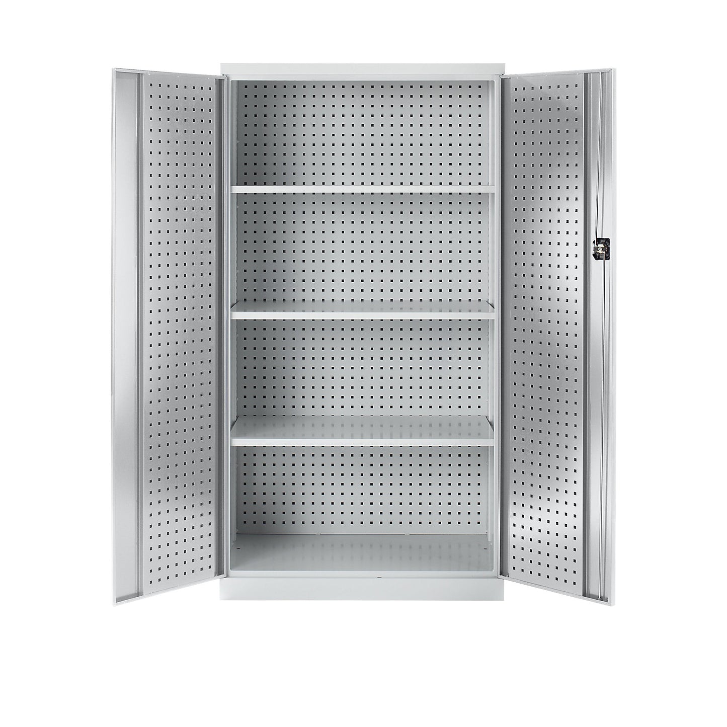 Tool cupboard with perforations, 3 shelves, light grey doors.