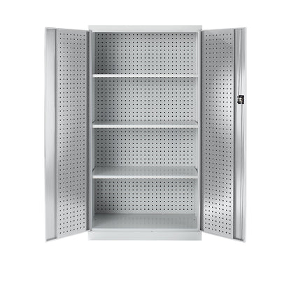 Tool cupboard with perforations, 3 shelves, light grey doors.