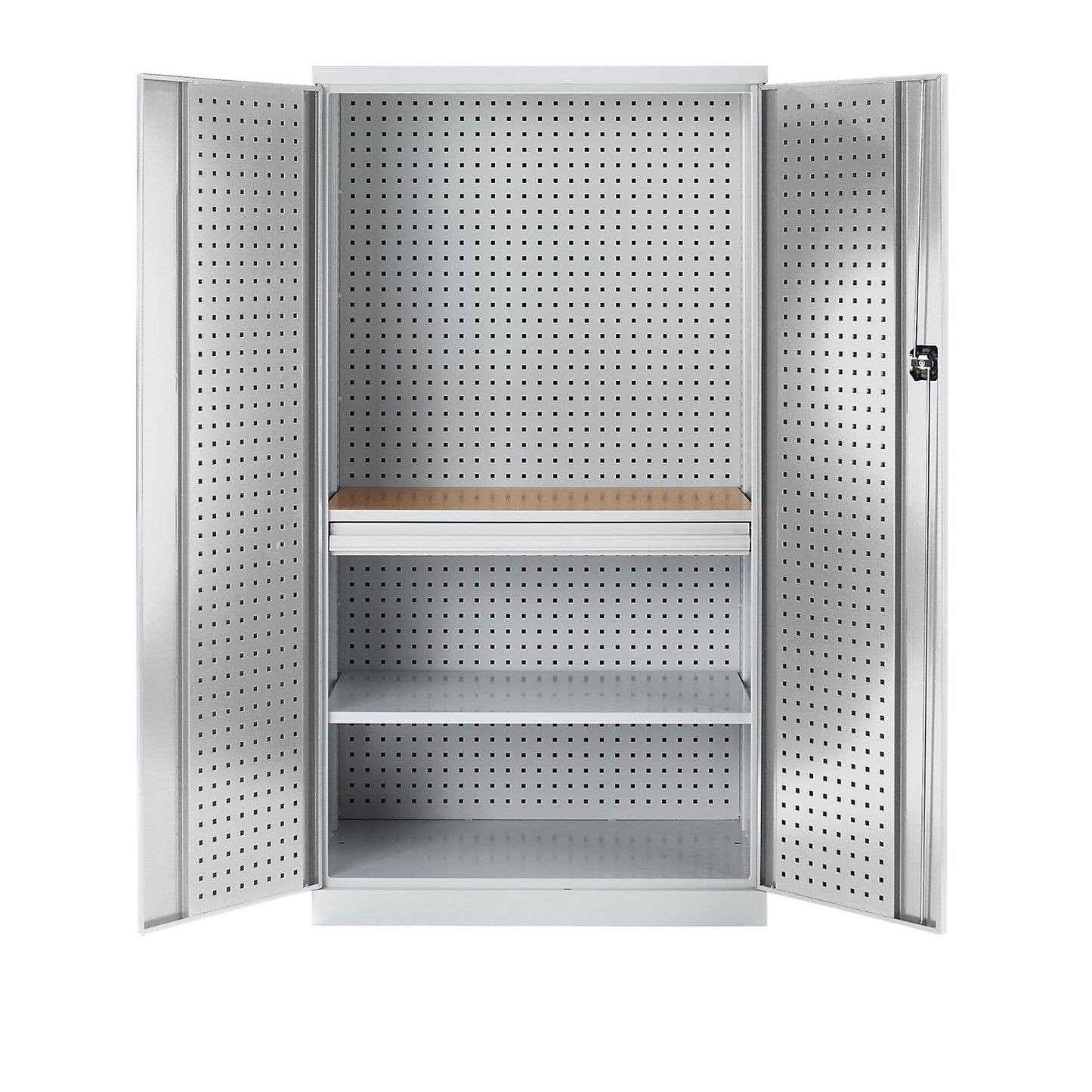 Tool cupboard with perforations, 1 drawer, 1 shelf, 1 worktop, light grey doors.