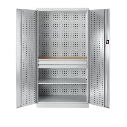 Tool cupboard with perforations, 2 drawers, 1 shelf, 1 worktop, light grey doors.