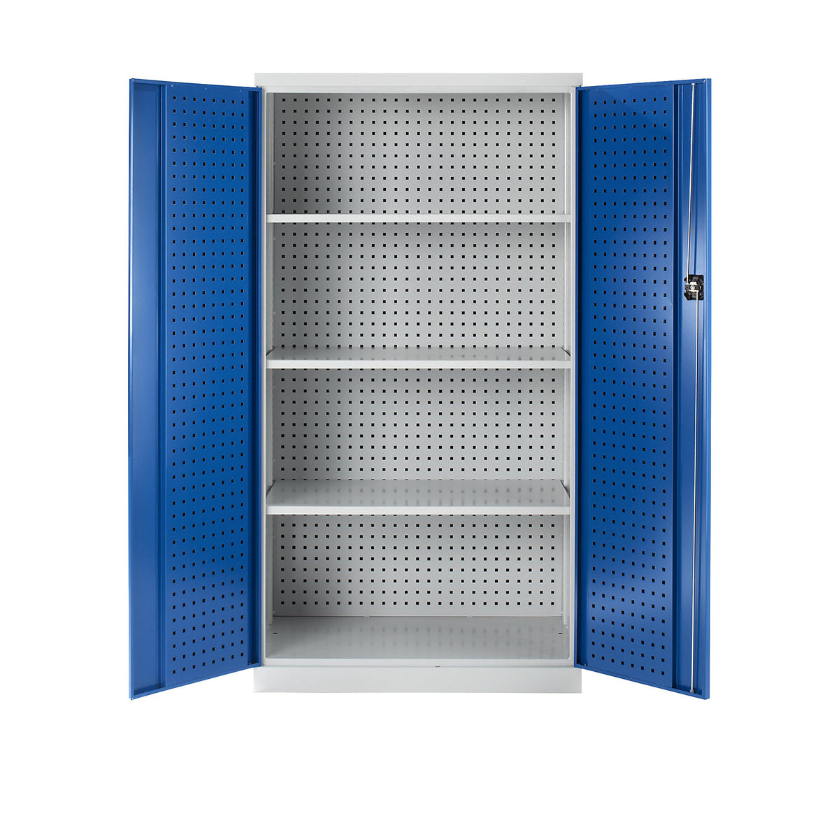Tool cupboard with perforations, 3 shelves, gentian blue doors.