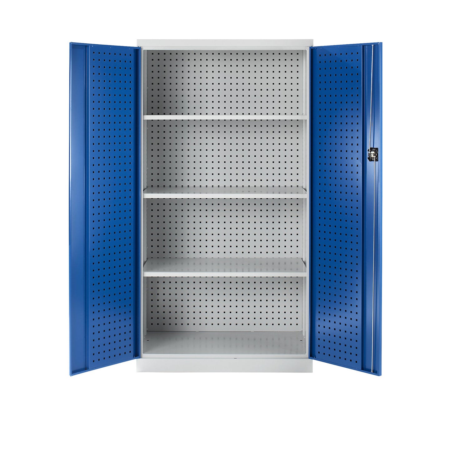 Tool cupboard with perforations, 3 shelves, gentian blue doors.