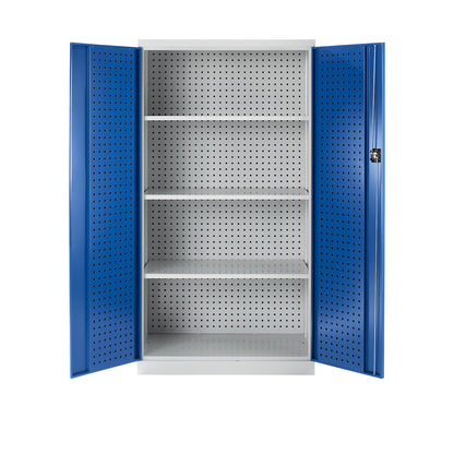 Tool cupboard with perforations, 3 shelves, gentian blue doors.