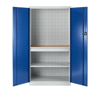 Tool cupboard with perforations, 1 drawer, 1 shelf, 1 worktop, gentian blue doors.