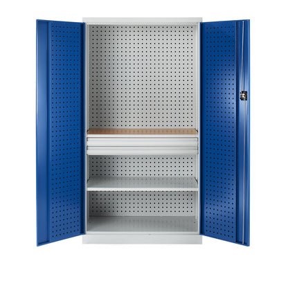 Tool cupboard with perforations, 2 drawers, 1 shelf, 1 worktop, gentian blue doors.