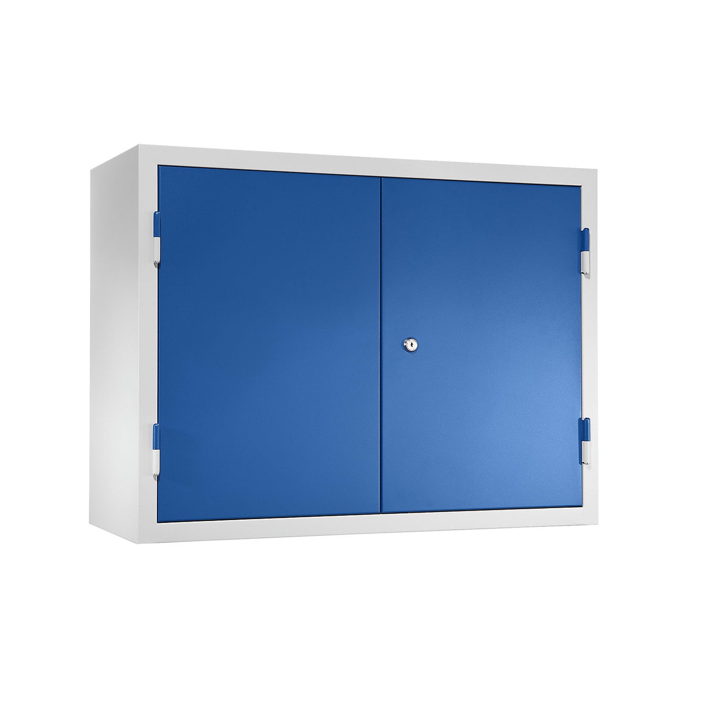 Wall mounted cupboard for the workshop, HxWxD 600 x 800 x 320 mm, solid panel doors, gentian blue RAL 5010.
