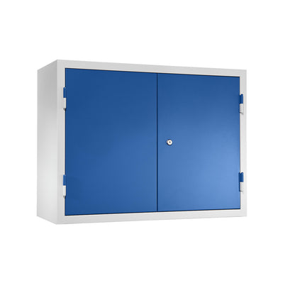 Wall mounted cupboard for the workshop, HxWxD 600 x 800 x 320 mm, solid panel doors, gentian blue RAL 5010.