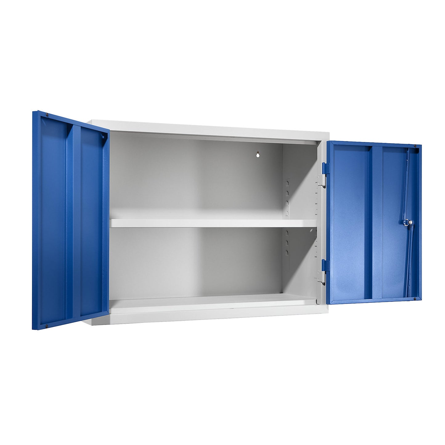 Wall mounted cupboard for the workshop, HxWxD 600 x 800 x 320 mm, solid panel doors, gentian blue RAL 5010.