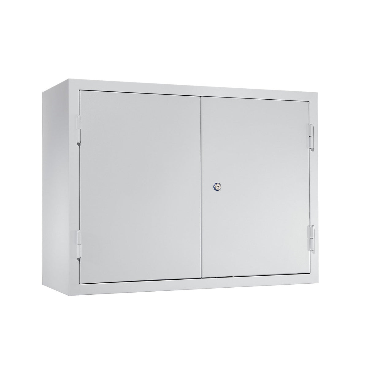 Wall mounted cupboard for the workshop, HxWxD 600 x 800 x 320 mm, solid panel doors, with 2 shelves + 2 drawers, light grey RAL 7035.