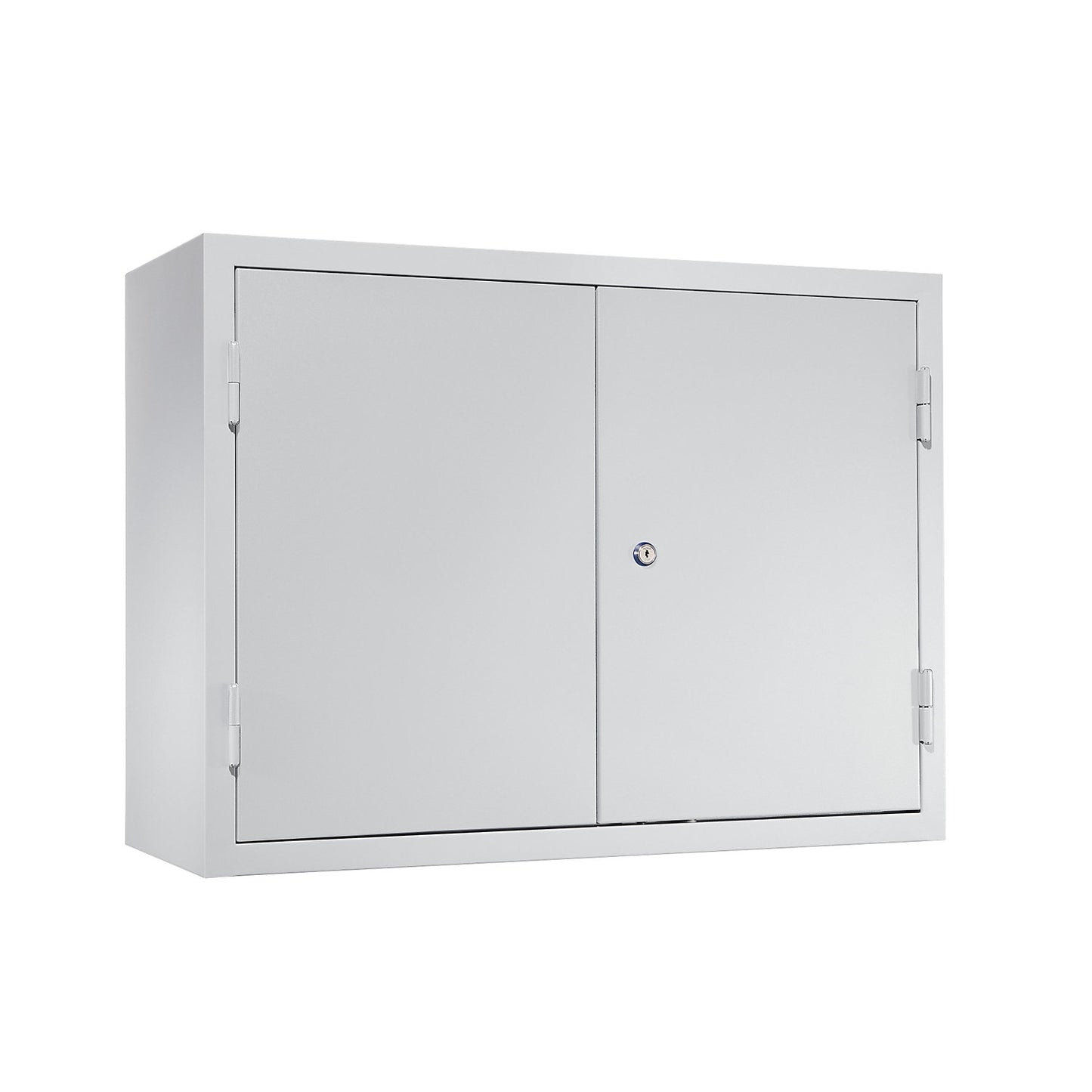 Wall mounted cupboard for the workshop, HxWxD 600 x 800 x 320 mm, solid panel doors, with 2 shelves + 2 drawers, light grey RAL 7035.