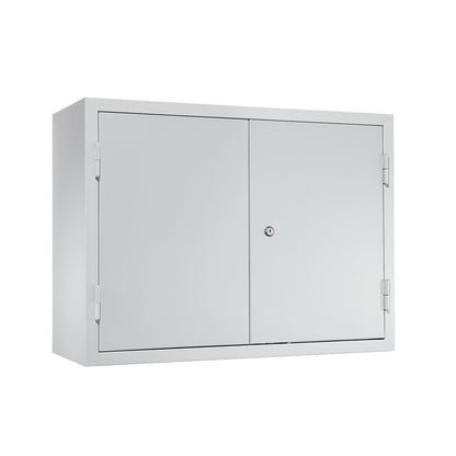 Wall mounted cupboard for the workshop, HxWxD 600 x 800 x 320 mm, solid panel doors, with 2 shelves + 2 drawers, light grey RAL 7035.