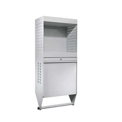 Wall mounted cupboard for tools, with folding work surface, max. reach 720 mm.