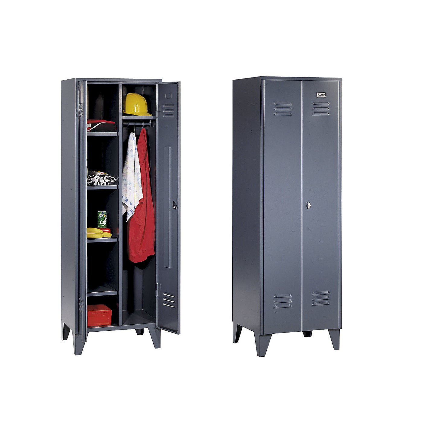 Berlin 2 locker for cleaning products, W 600 mm, 4 shelves, 1 clothes rail, light grey/light blue.