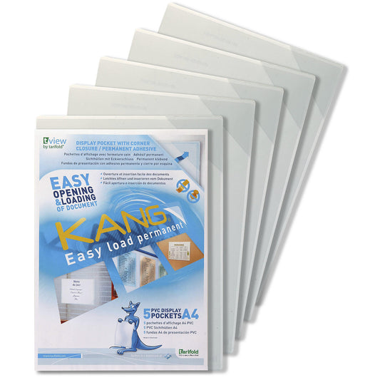 Transparent sleeve, self adhesive, A4 format, with corner clamps, pack of 5.