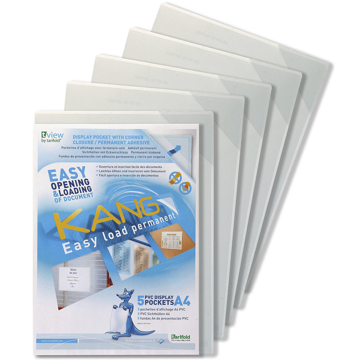 Transparent sleeve, self adhesive, A4 format, with corner clamps, pack of 5.