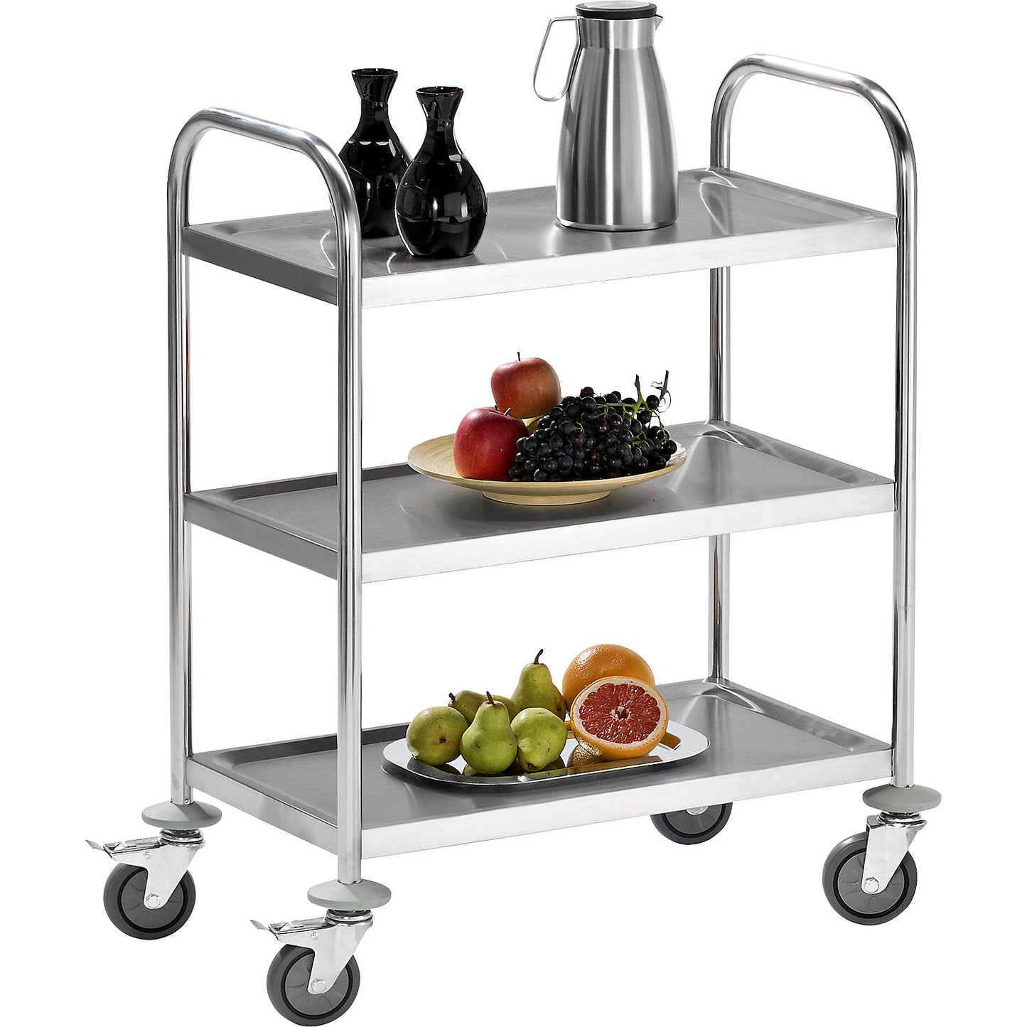 Stainless steel serving trolley, 3 shelves, LxWxH 705 x 405 x 940 mm.