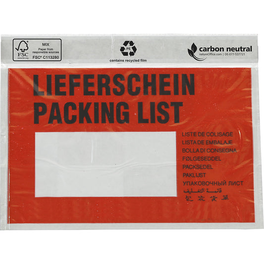 Document pouch, with FSC® certification, pack of 250, for C6, printed with ''Packing list''.