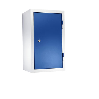 Wall mounted cupboard for the workshop, HxWxD 600 x 350 x 320 mm, solid panel doors, gentian blue RAL 5010.