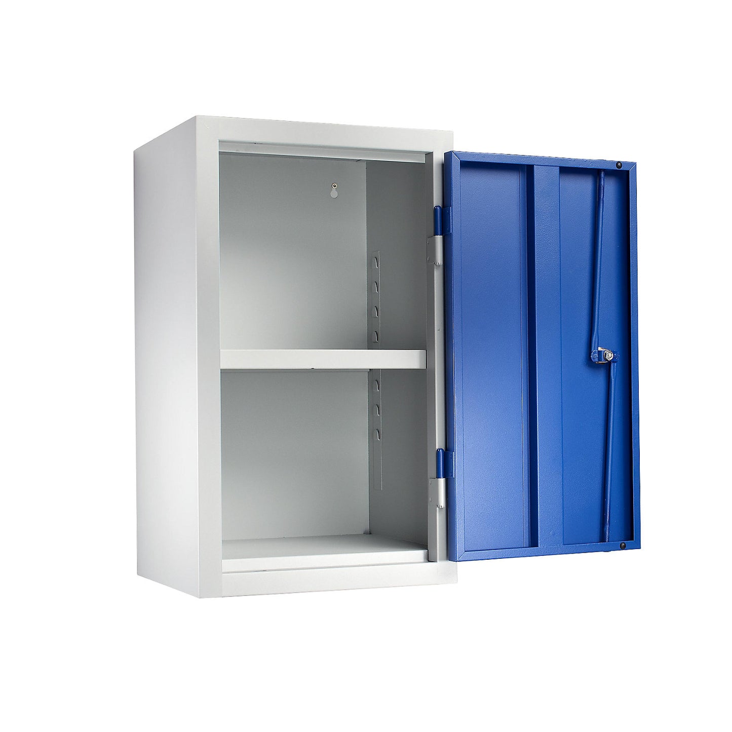 Wall mounted cupboard for the workshop, HxWxD 600 x 350 x 320 mm, solid panel doors, gentian blue RAL 5010.