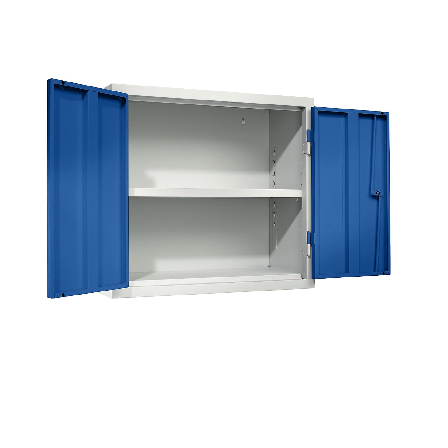 Wall mounted cupboard for the workshop, HxWxD 600 x 650 x 320 mm, solid panel doors, gentian blue RAL 5010.