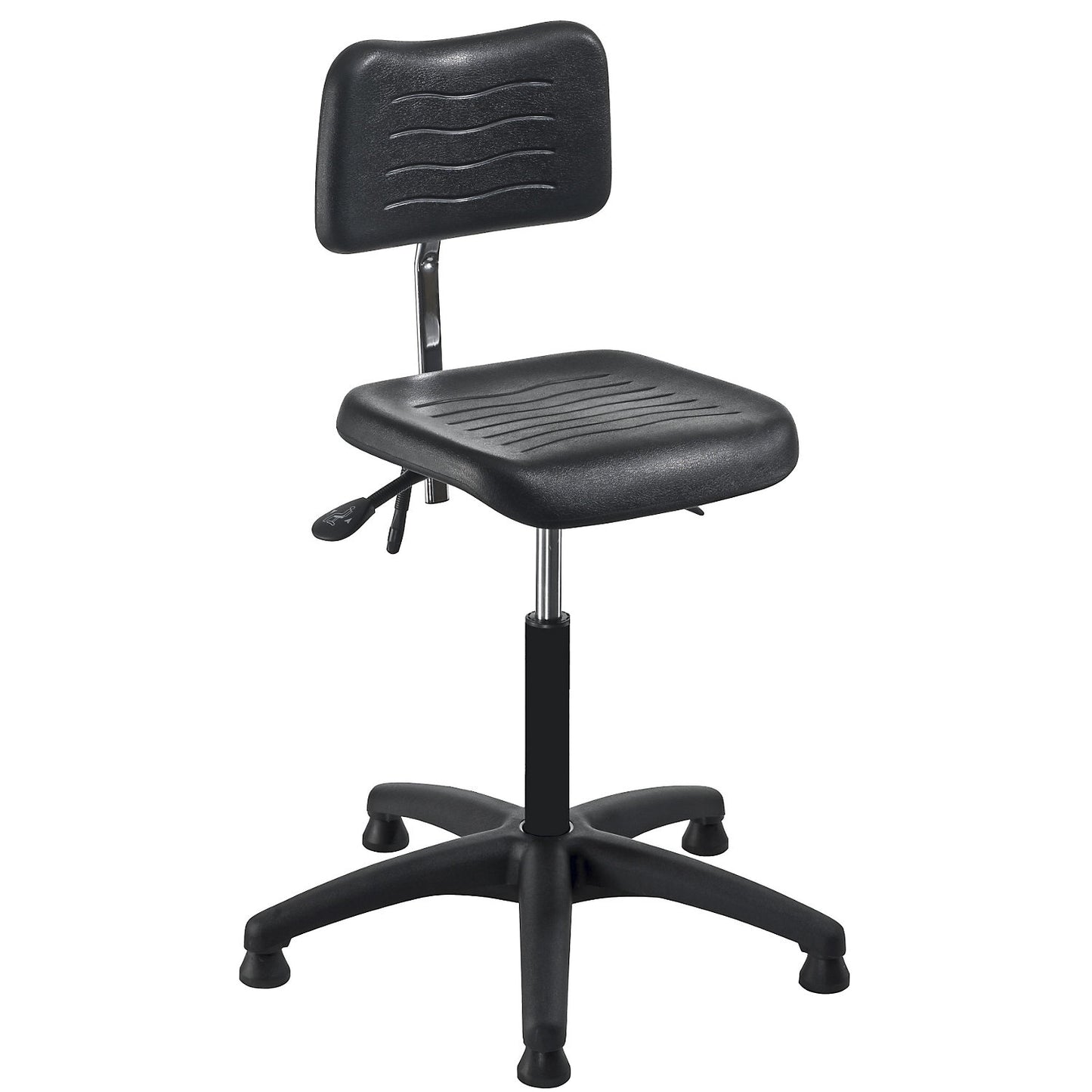 PU foam industrial swivel chair, with floor glides, height adjustment range 490 - 630 mm.
