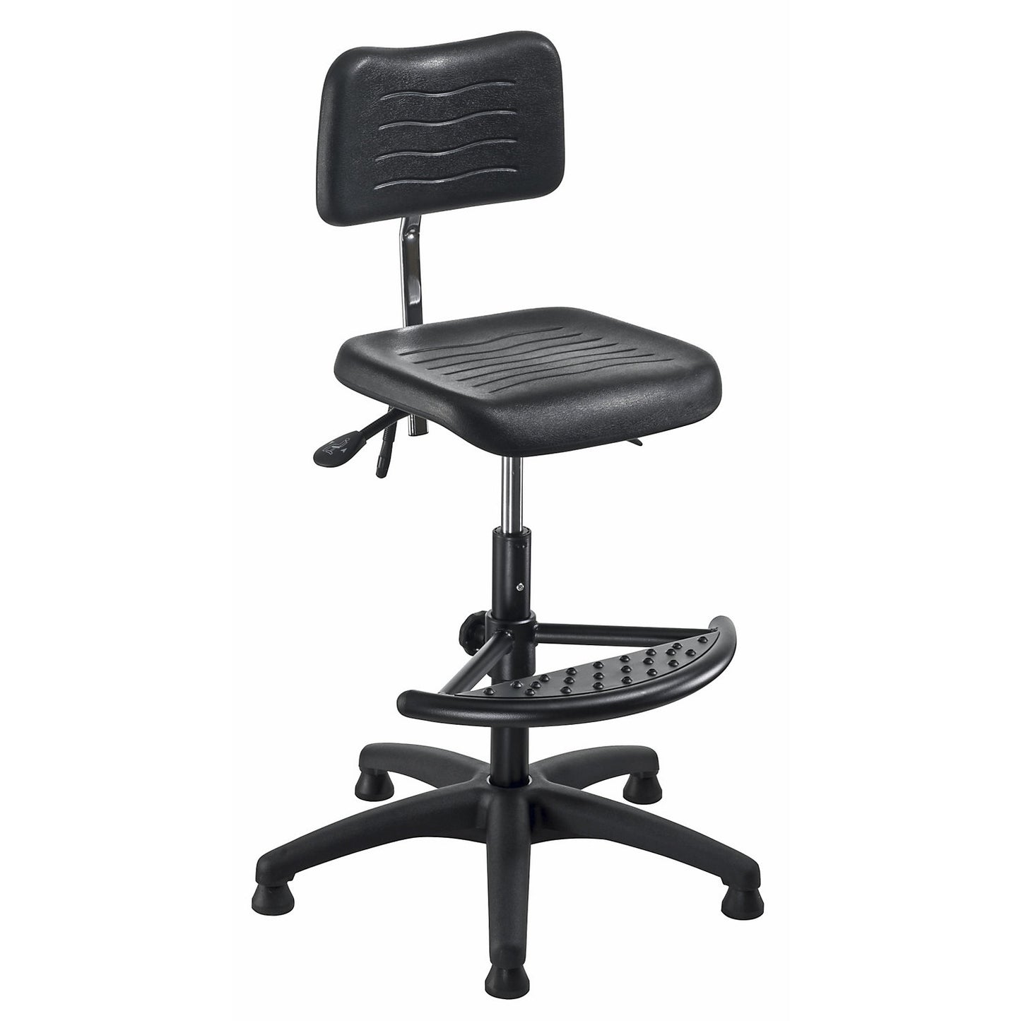 PU foam industrial swivel chair, with floor glides and foot rest, height adjustment range 620 - 870 mm.