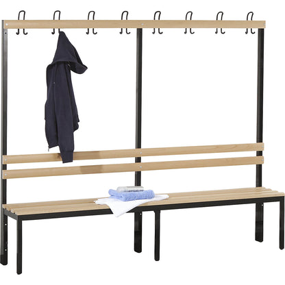 Changing room bench with back rest, single sided, beech wood slats, length 2000 mm.