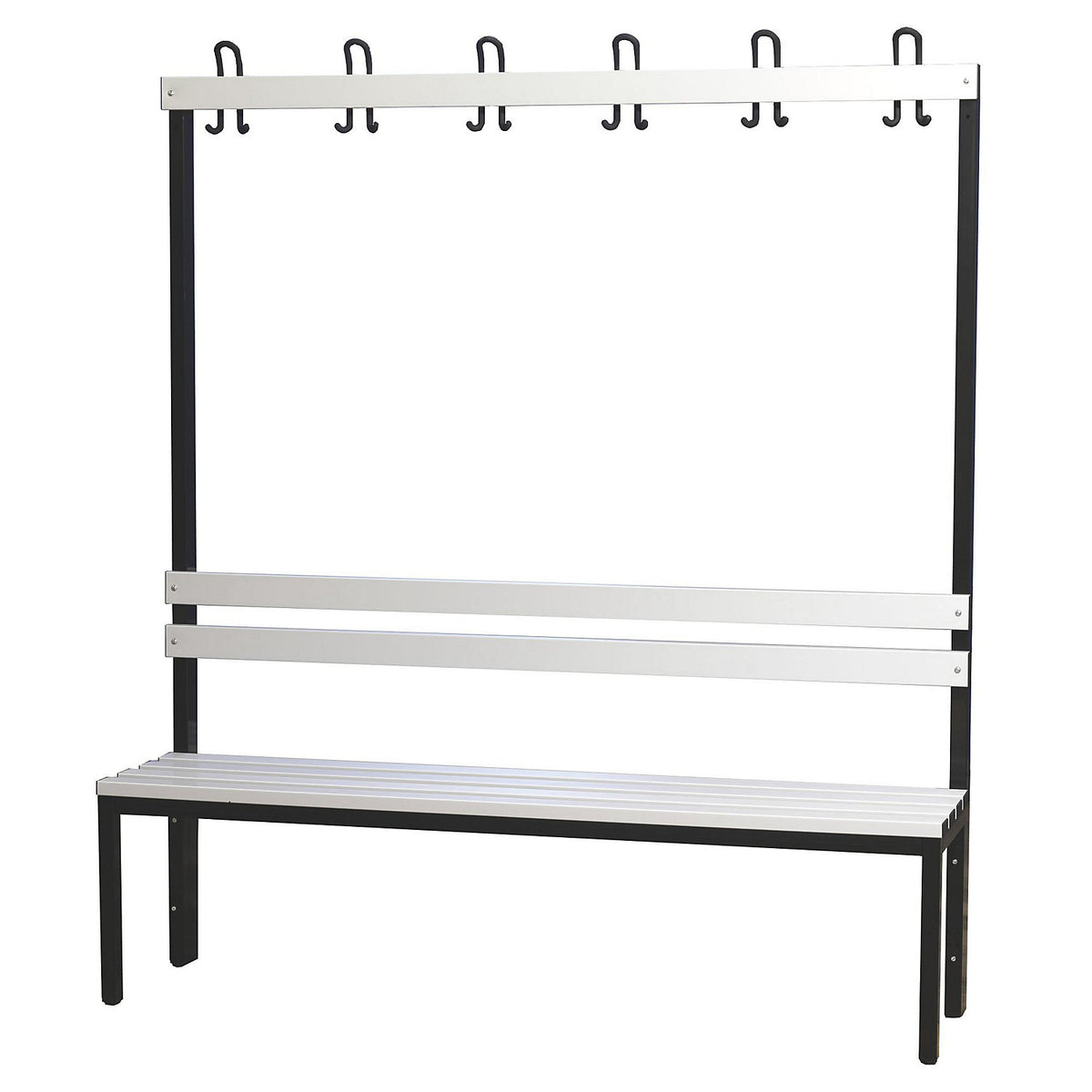 Changing room bench with back rest, single sided, PVC slats, length 1500 mm.