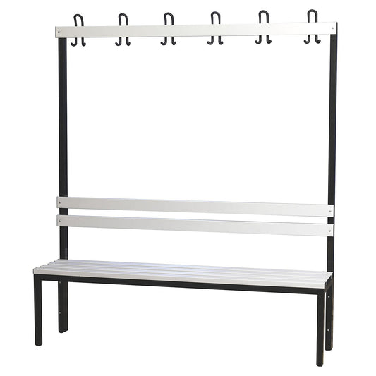 Changing room bench with back rest, single sided, PVC slats, length 1500 mm.