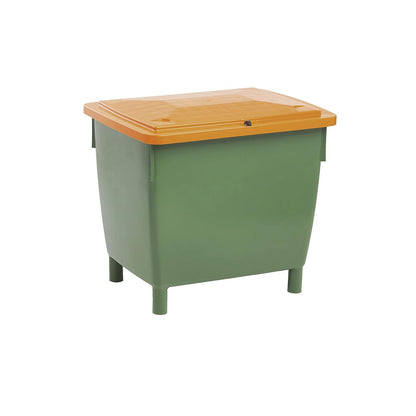 Rectangular container, with hinged lid, capacity 400 l, green container, orange lid.