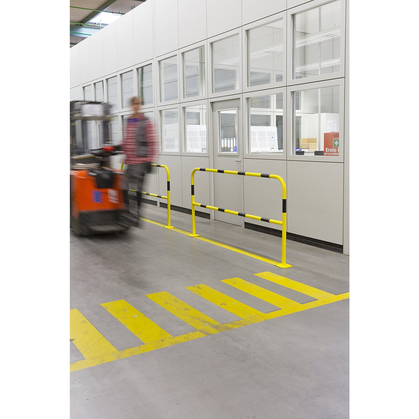 Safety barrier, sheet steel, Ø 42 mm, for bolting in place at danger zones, width 2000 mm, yellow / black.