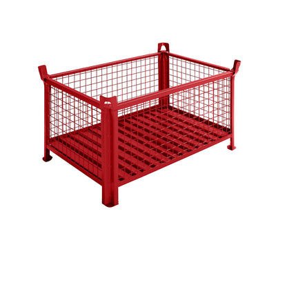 Box pallet with sheet steel base, LxW 1200 x 800 mm, painted red.