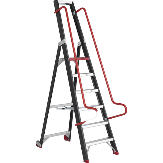 Mobile warehouse steps, with safety hand rails, 6 steps incl. platform.
