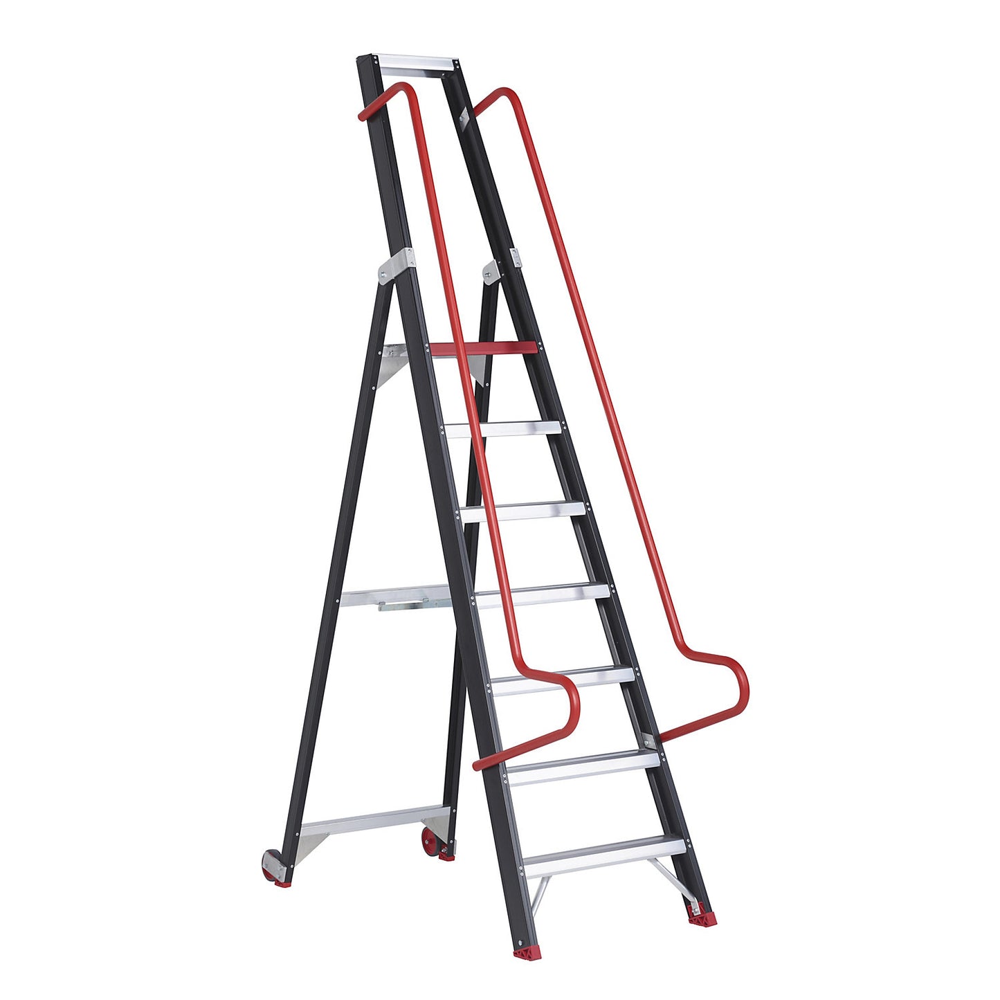 Mobile warehouse steps, with safety hand rails, 7 steps incl. platform.
