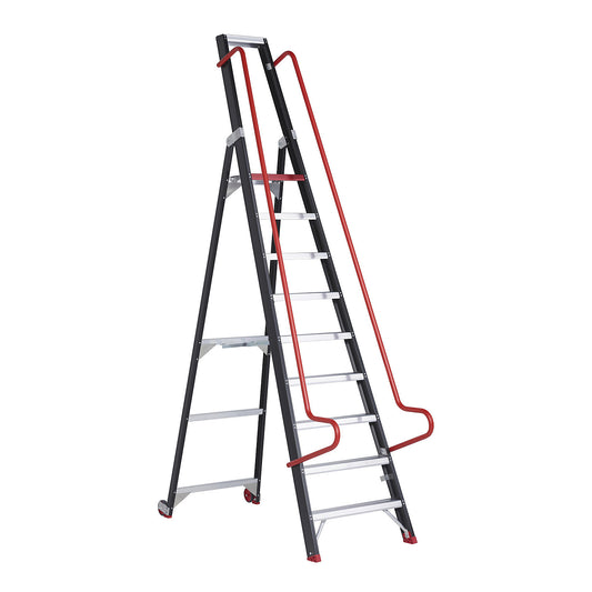 Mobile warehouse steps, with safety hand rails, 9 steps incl. platform.