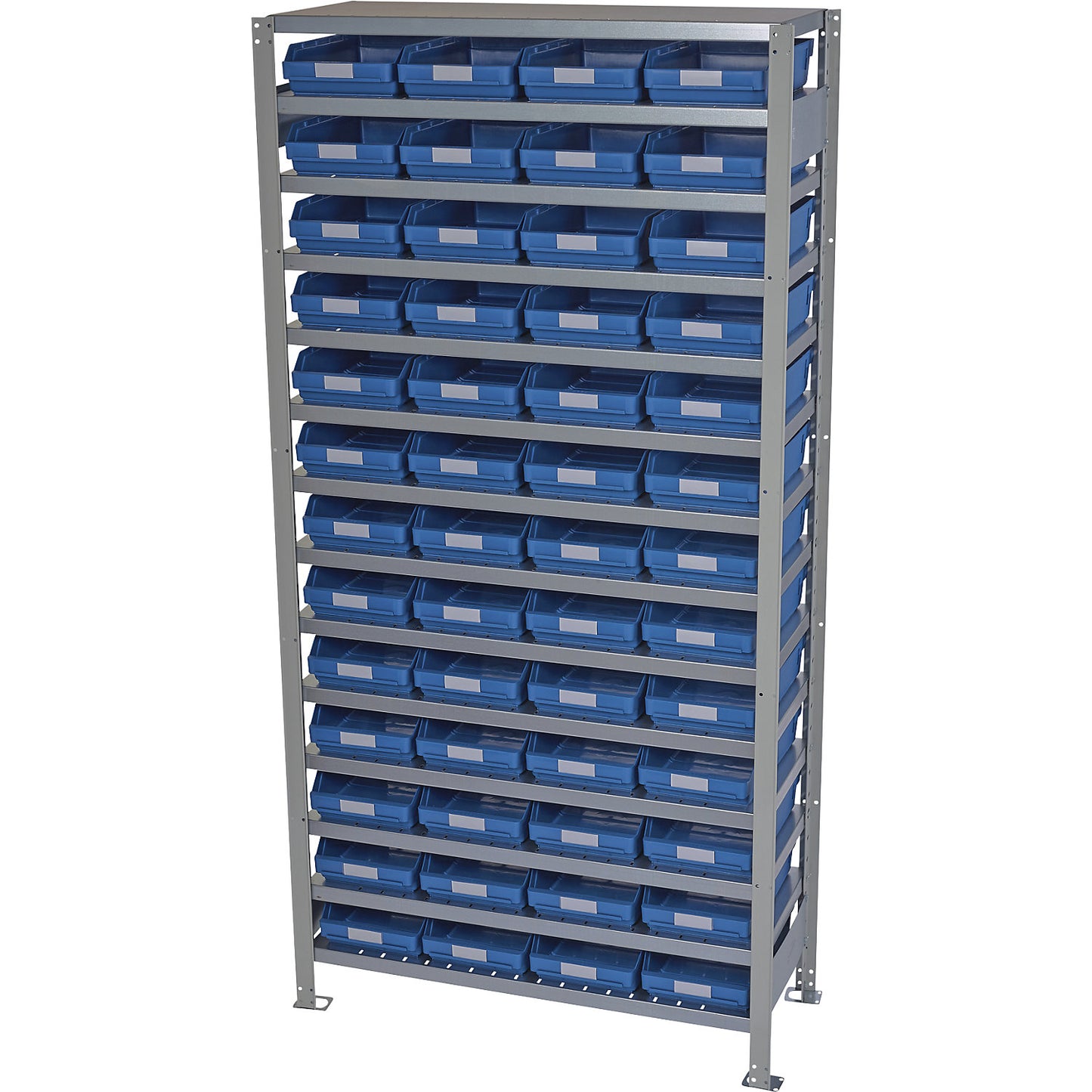 Boltless shelving unit with shelf bins, shelf height 2100 mm, basic shelf unit, depth 300 mm, 52 blue bins.