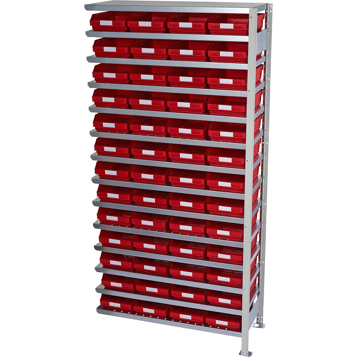 Boltless shelving unit with shelf bins, shelf height 2100 mm, extension shelf unit, depth 300 mm, 52 red bins.