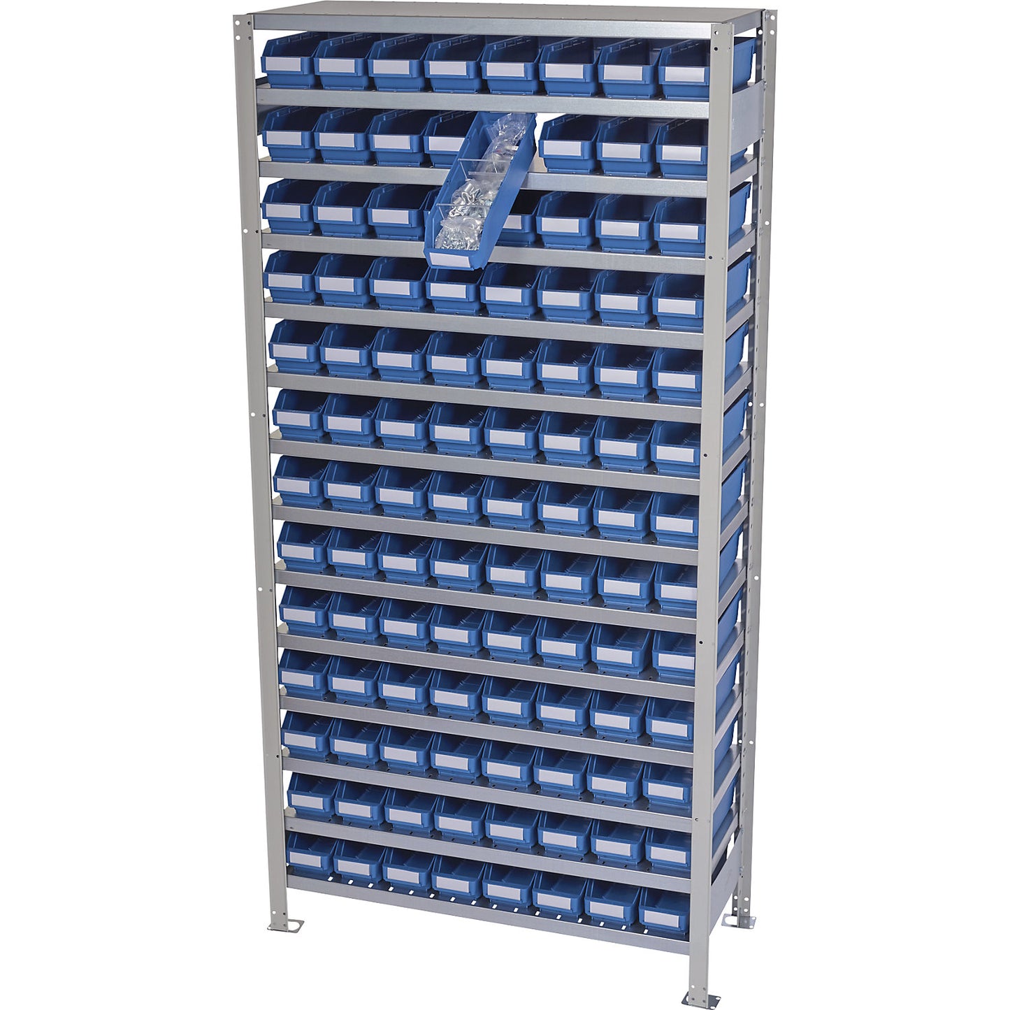 Boltless shelving unit with shelf bins, shelf height 2100 mm, basic shelf unit, depth 400 mm, 104 blue bins.