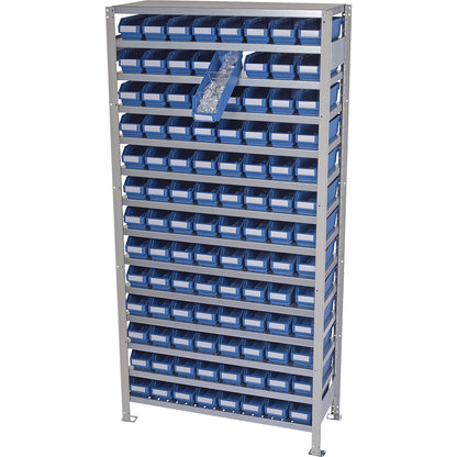 Boltless shelving unit with shelf bins, shelf height 2100 mm, basic shelf unit, depth 400 mm, 104 blue bins.