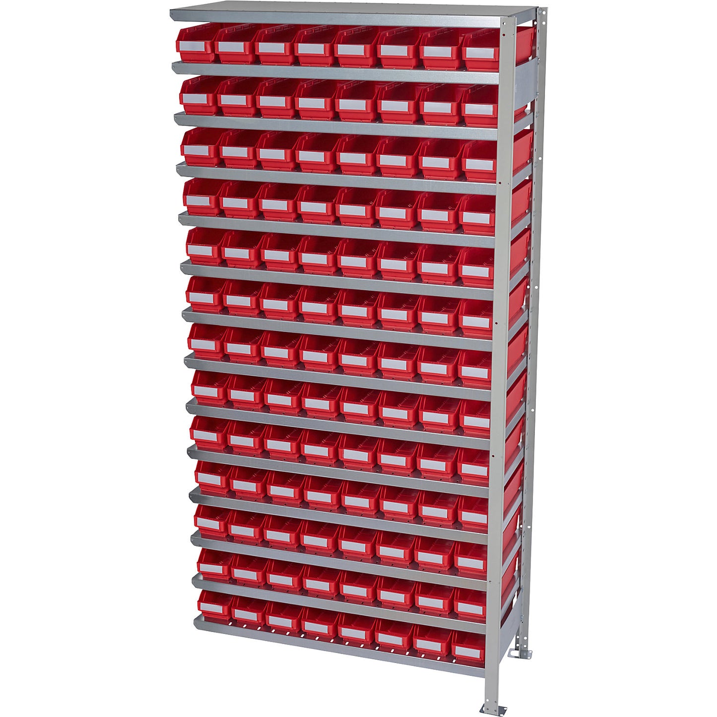 Boltless shelving unit with shelf bins, shelf height 2100 mm, extension shelf unit, depth 400 mm, 104 red bins.