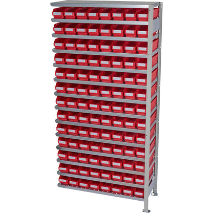 Boltless shelving unit with shelf bins, shelf height 2100 mm, extension shelf unit, depth 400 mm, 104 red bins.