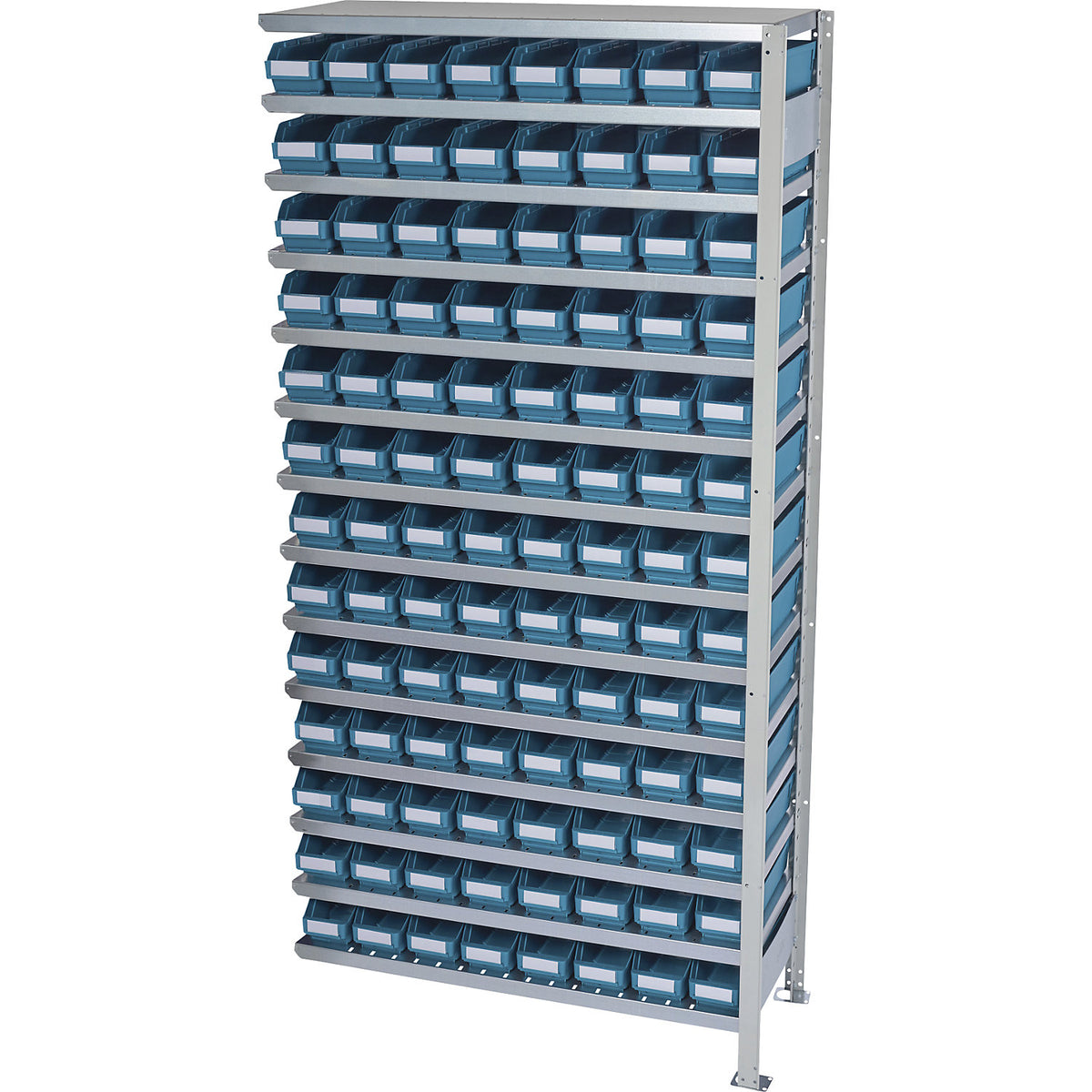 Boltless shelving unit with shelf bins, shelf height 2100 mm, extension shelf unit, depth 400 mm, 104 green bins.