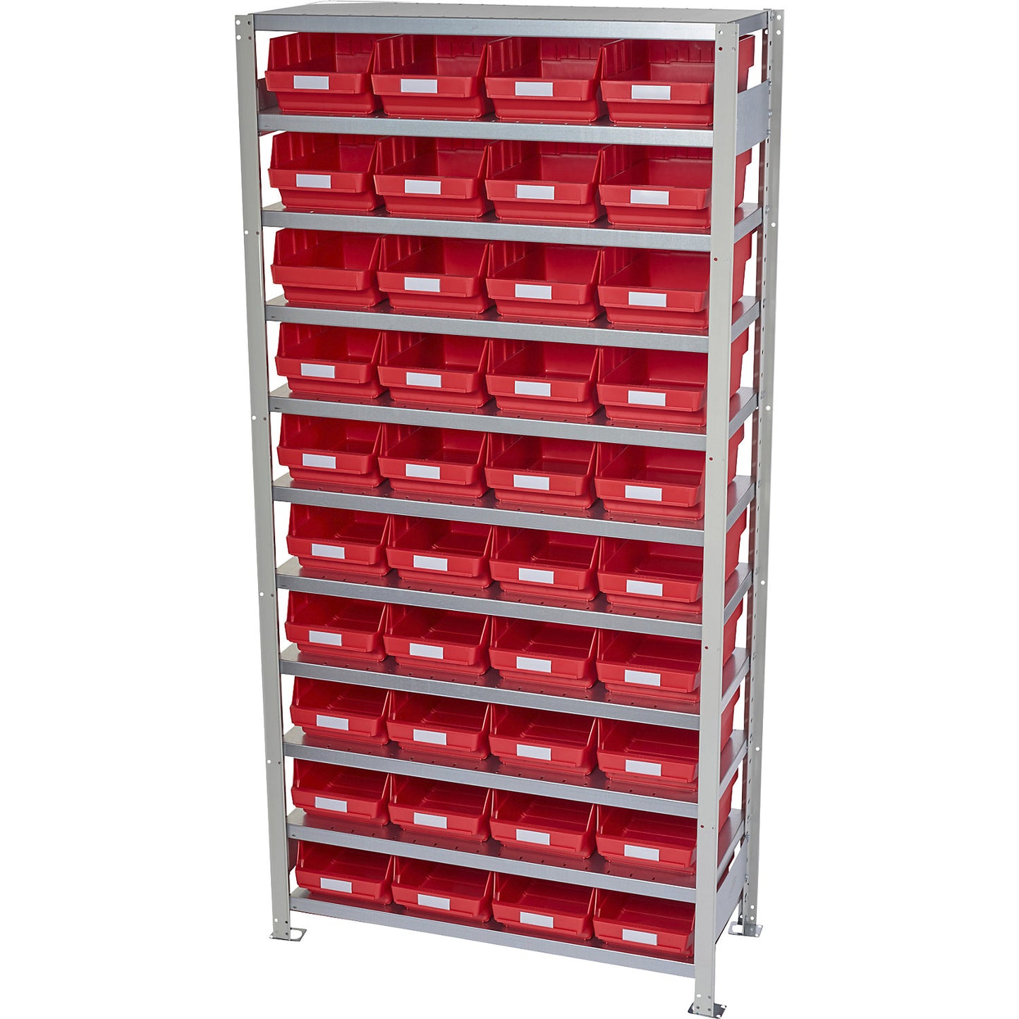 Boltless shelving unit with shelf bins, shelf height 2100 mm, basic shelf unit, depth 400 mm, 40 red bins.