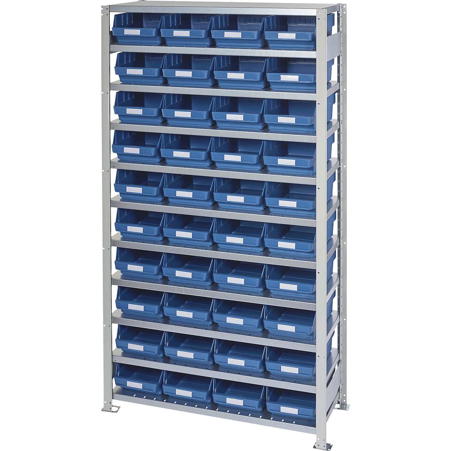 Boltless shelving unit with shelf bins, shelf height 2100 mm, basic shelf unit, depth 400 mm, 40 blue bins.